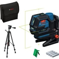 Bosch Akku-Kombilaser GCL 12V-50-22 CG Professional, Kreuzlinienlaser blau/schwarz, grüne Laserlinien und Lotpunkte, inkl. Drehhalterung RM 20 und Baustativ BT 150